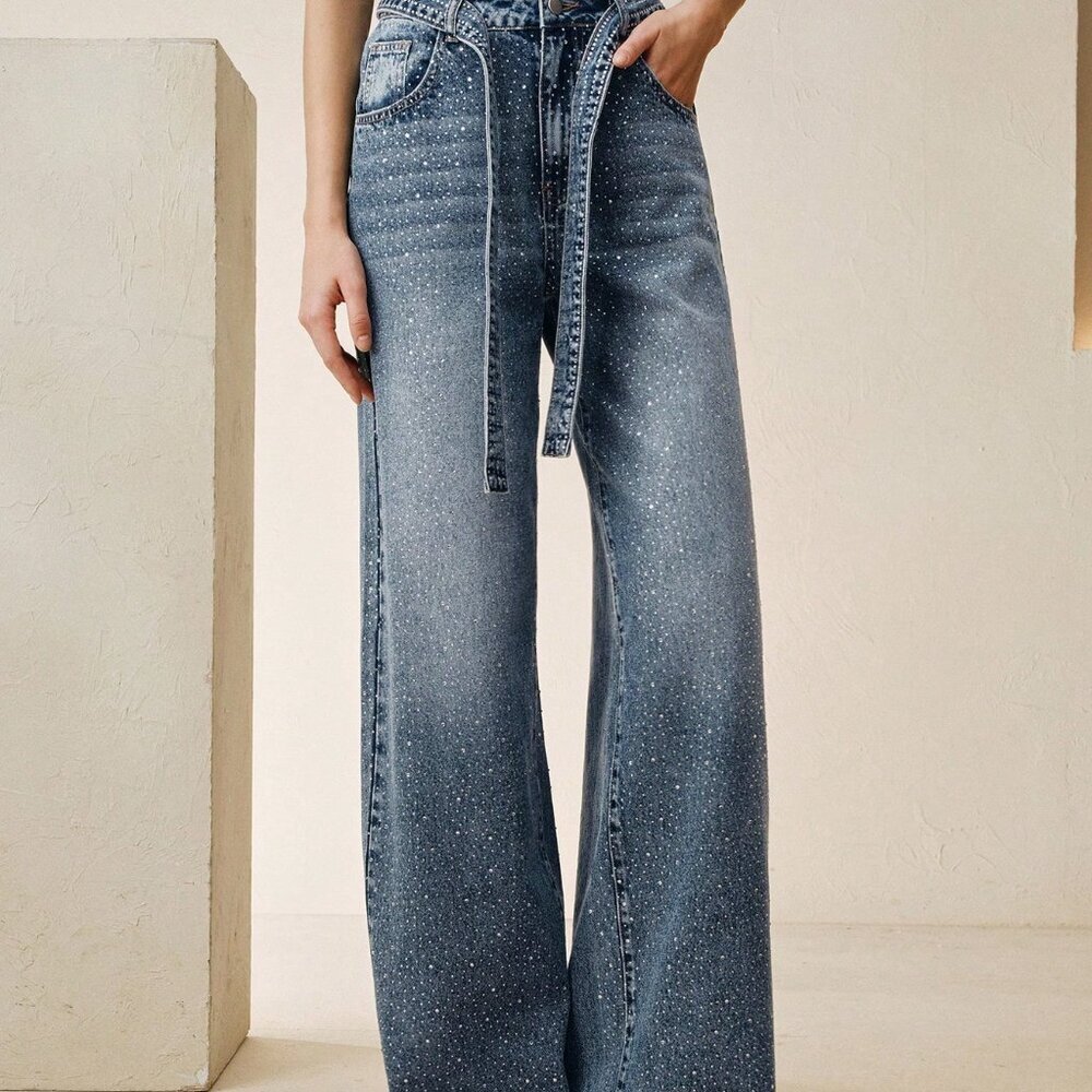 Blue Party Women's Rhinestone Straight Leg Baggy Denim Jeans - Picture 5 of 7